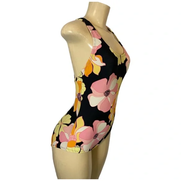 Speedo One Piece Swimsuit Racerback Black Floral Sz 8 Full Coverage UPF 50+ - Picture 5 of 10